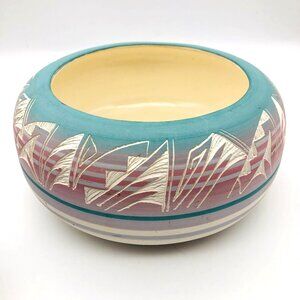 Navajo Pottery Etchware Cachepot Southwestern Bowl Signed D Lee Nav USA 8"